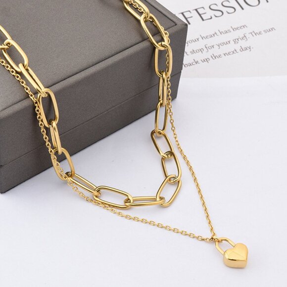 3/$35 18K Gold Plated Layered Chain Necklace Heart Pendant Fashion Jewelry - Picture 5 of 5